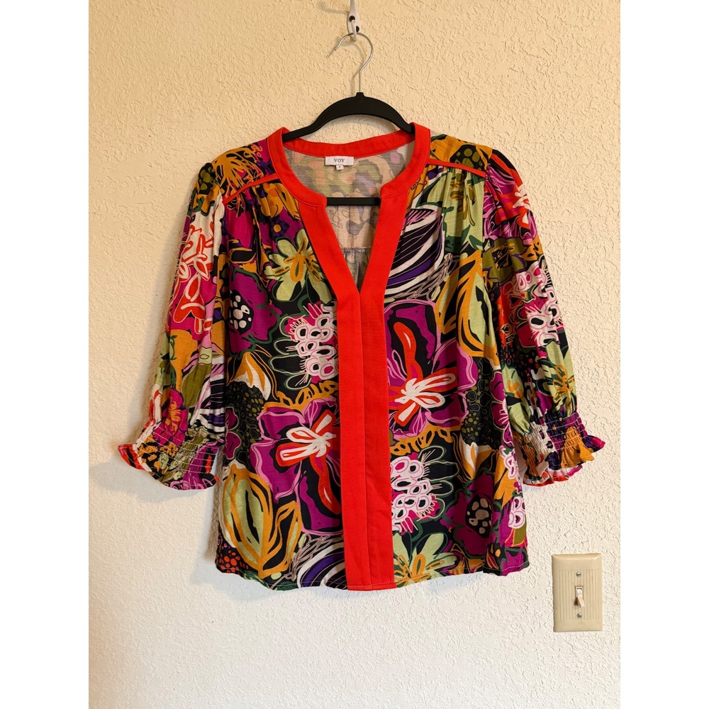 VOY Womens Abstract Floral Split V-Neck Blouse‎ Red Trim Smocked 3/4 Sleeve S